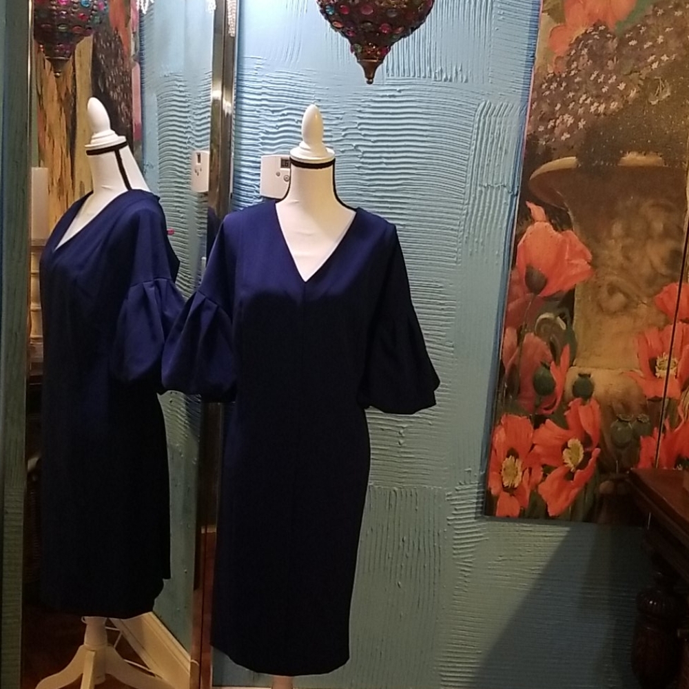 ELOQUII PUFF SLEEVE KNEE LENGTH DRESS